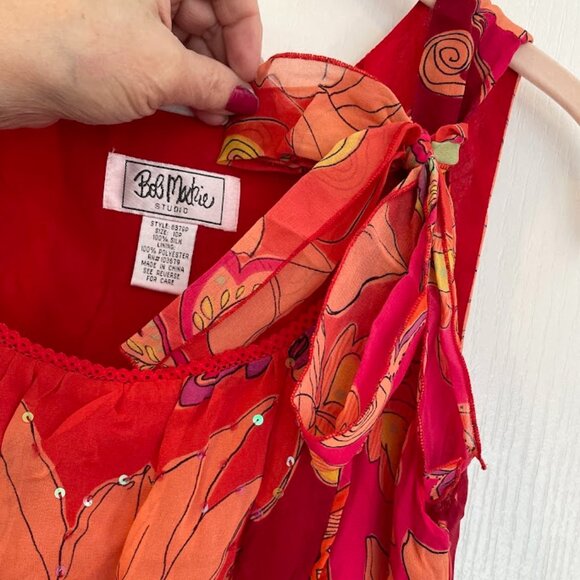 VINTAGE BOB MACKIE STUDIO SILK FLORAL REDS/ORANGES DRESS SIZE 10 PETITE - Picture 3 of 11